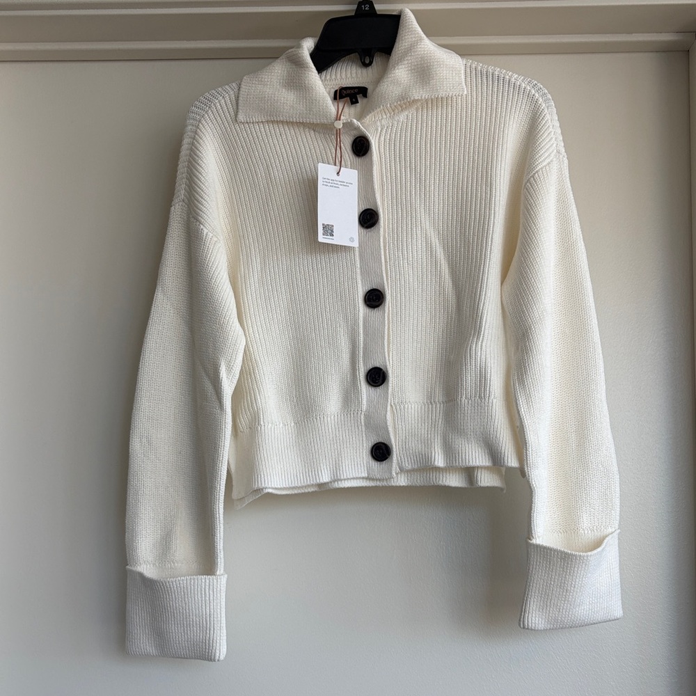 Quince Ivory Knit Collared Cardigan with Black Buttons